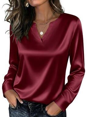 Zeagoo Women's Wine Red V-Neck Long Sleeve Pull on Imported Satin Silk Tops